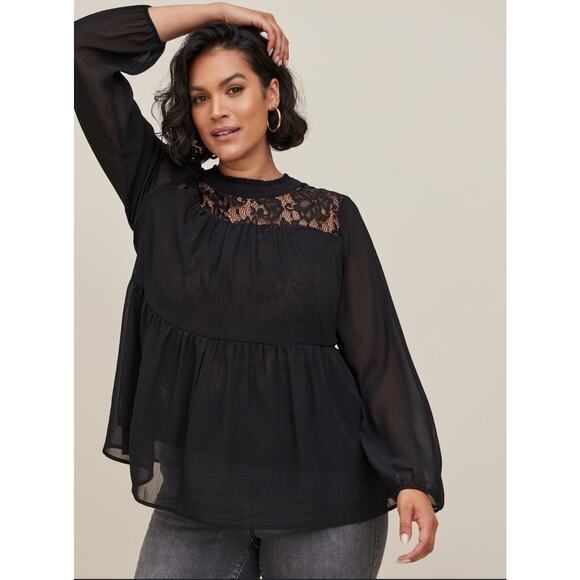 TORRID Blouse Top 1X Tiered Babydoll‎ Lace Chiffon Overlay Sheer Sleeve Keyhole - Picture 1 of 14